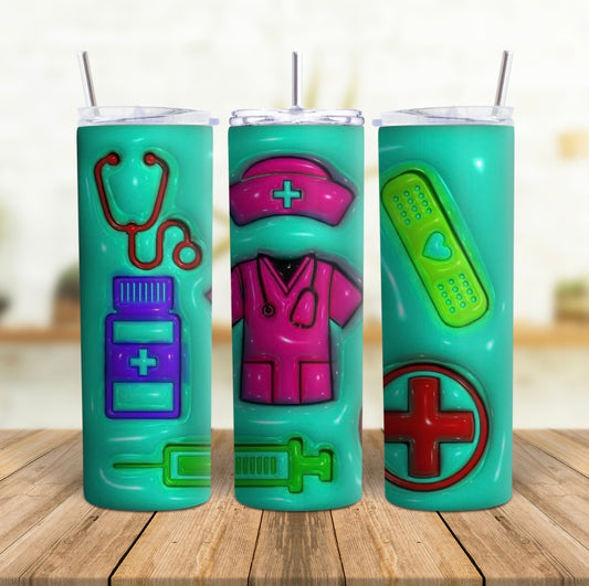 3D looking Nurse Tumbler - 20 oz Tumbler, stethoscope, injection, medicine, pharmacy, inflated looking tumbler, puff looking tumbler