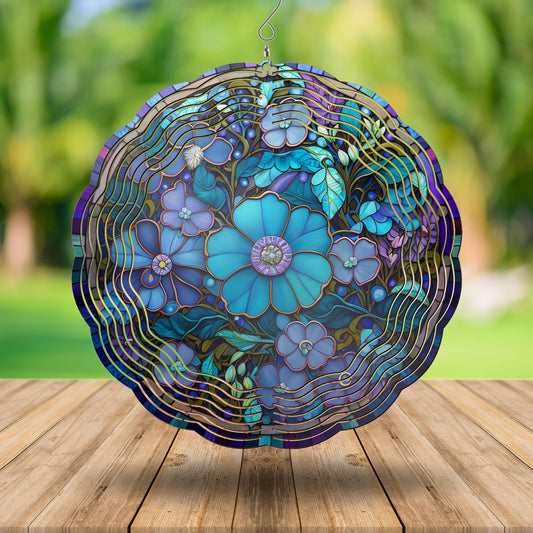 3D looking blue flower wind spinner, floral, round wind spinner, physical product