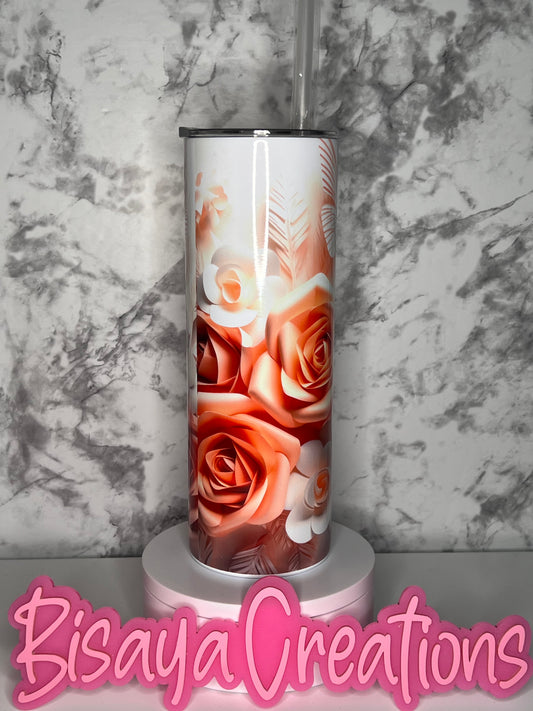 3D looking Flower And Butterfly, Peach, Tumbler - 20 oz Tumbler